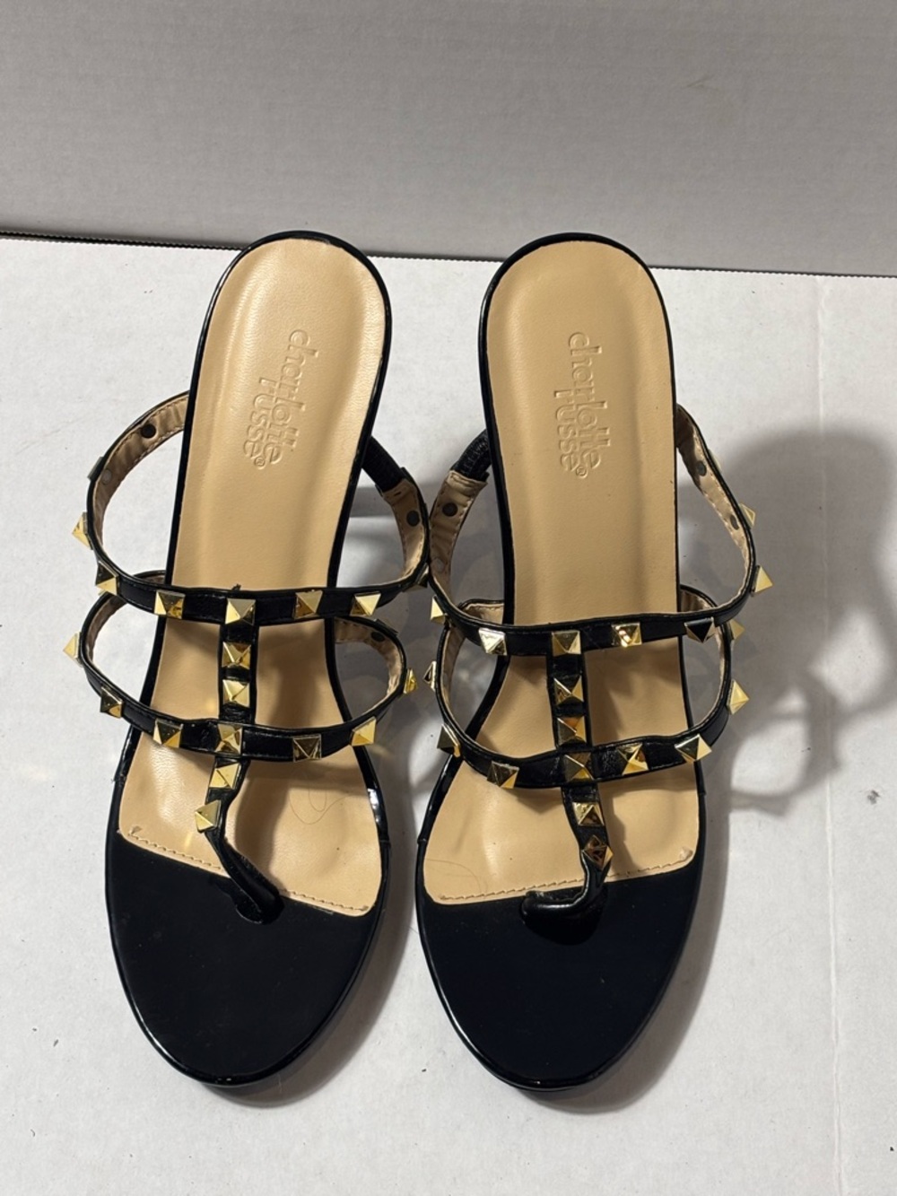 Charlotte Russe Black Studded T-Strap Slide Sandals